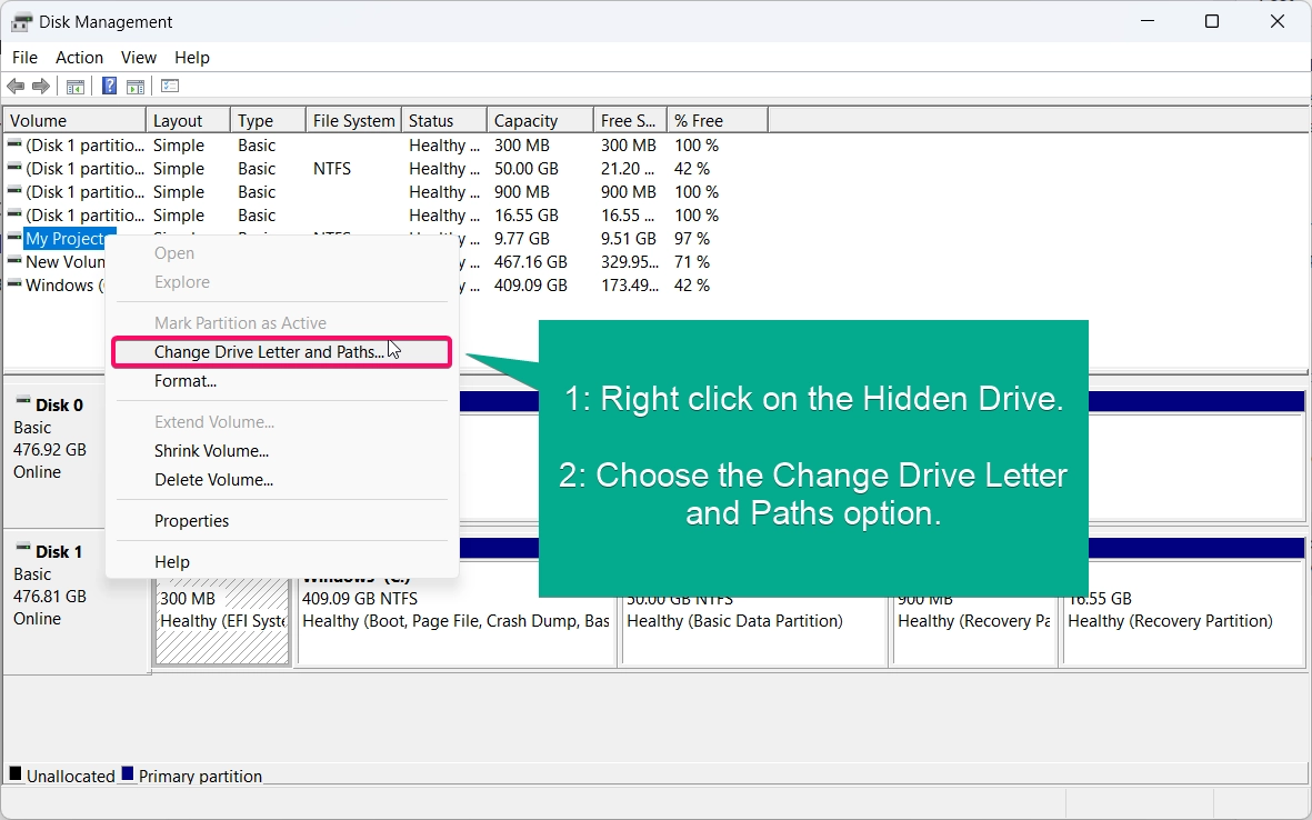 Unhiding the Drive using Disk Management tool Unhiding the Drive using Disk Management tool
