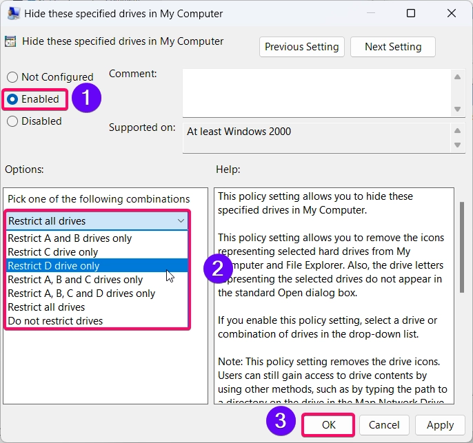 Choosing the drive to hide from the file explorer. Choosing the drive to hide from the file explorer.