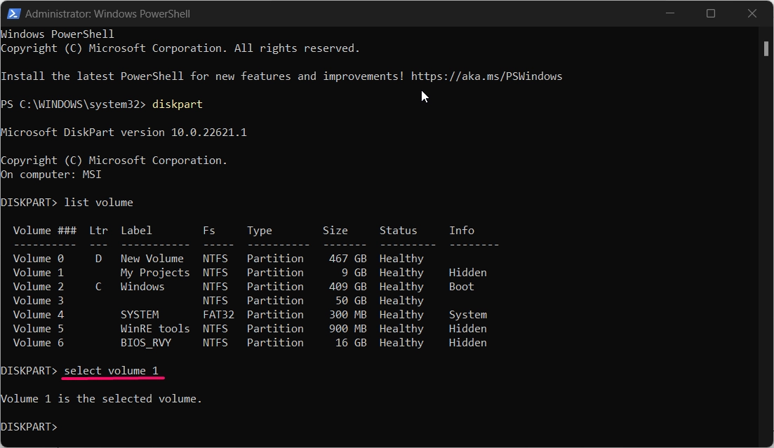 selecting the Hidden Volume using DiskPart.exe in PowerShell selecting the Hidden Volume using DiskPart.exe in PowerShell