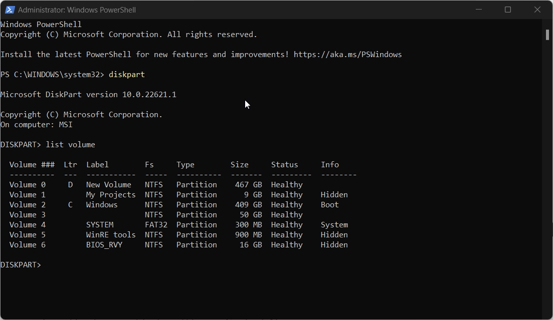 Identifying the Hidden Volumes using the diskpart.exe in PowerShell command Identifying the Hidden Volumes using the diskpart.exe in PowerShell command