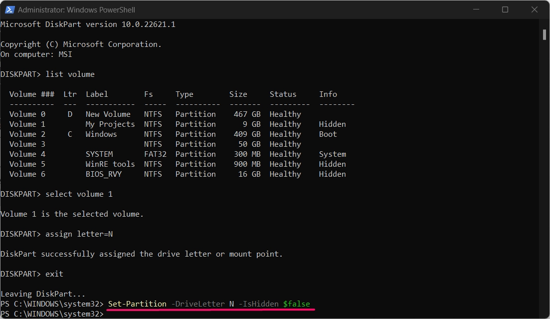 Executing the PowerShell command to unhide the volume or drives. Executing the PowerShell command to unhide the volume or drives.