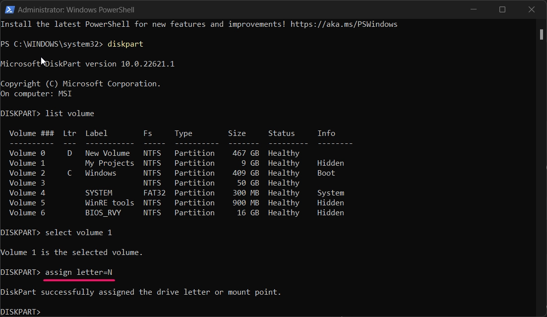 Assigning Drive Letter to the Hidden Drive using the Diskpart.exe in PowerShell Assigning Drive Letter to the Hidden Drive using the Diskpart.exe in PowerShell