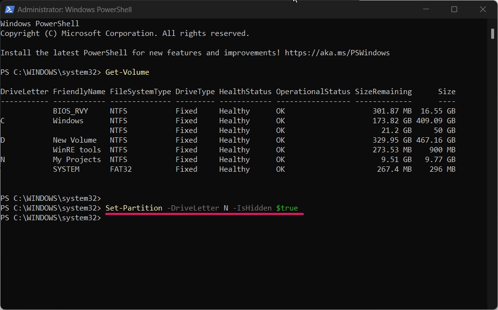 Hide Volumes or Drives using PowerShell Command Hide Volumes or Drives using PowerShell Command