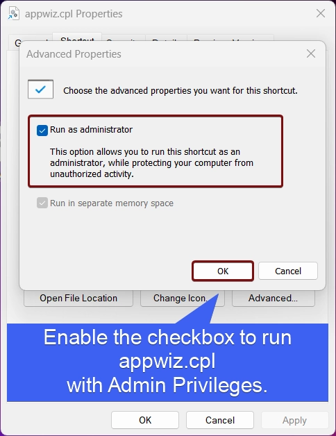 Click the checkbox to run this app with Administrative Privileges Click the checkbox to run this app with Administrative Privileges