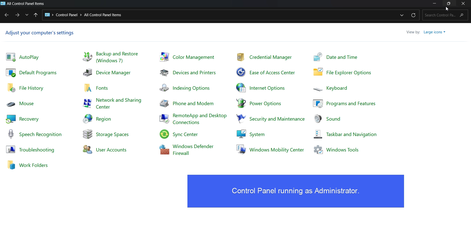 Control Panel running as Administrator Control Panel running as Administrator