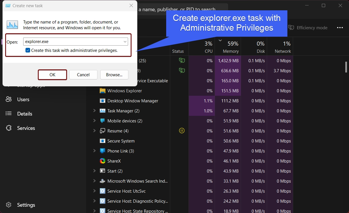 Create New Task for running explorer.exe with Administrative Privileges Create New Task for running explorer.exe with Administrative Privileges