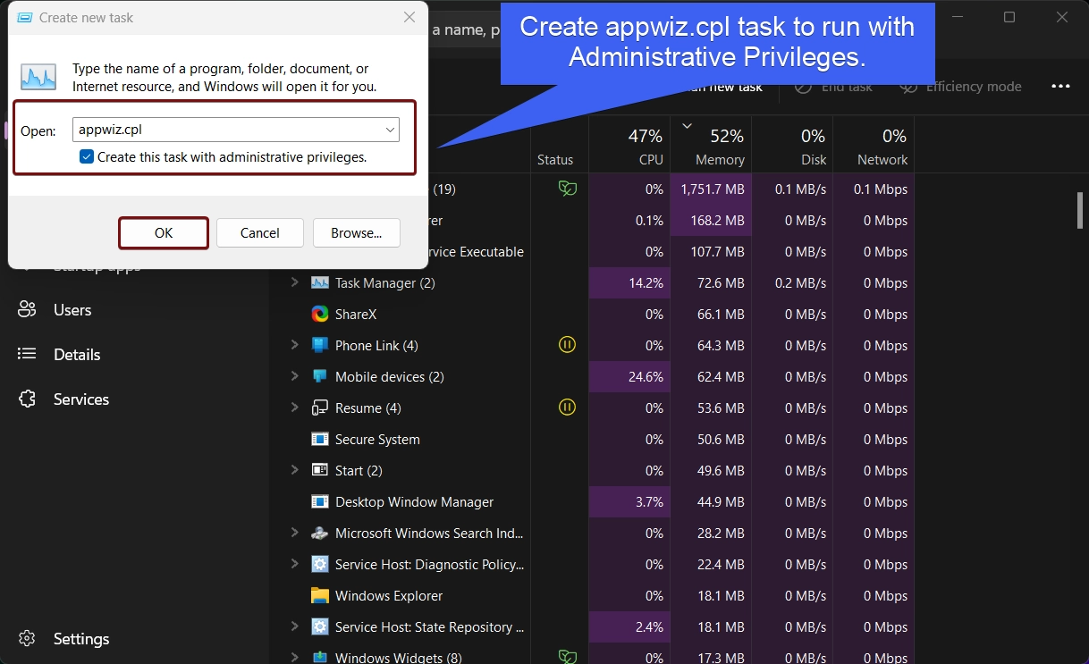 Create New Task to run Appwiz.cpl with Admin Privileges Create New Task to run Appwiz.cpl with Admin Privileges