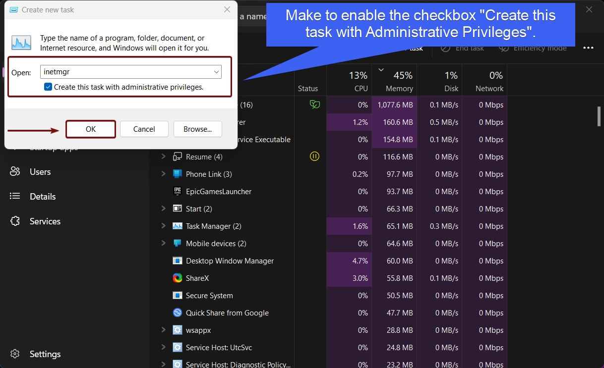 Create Task using the Task Manager to run IIS as Admin Create Task using the Task Manager to run IIS as Admin