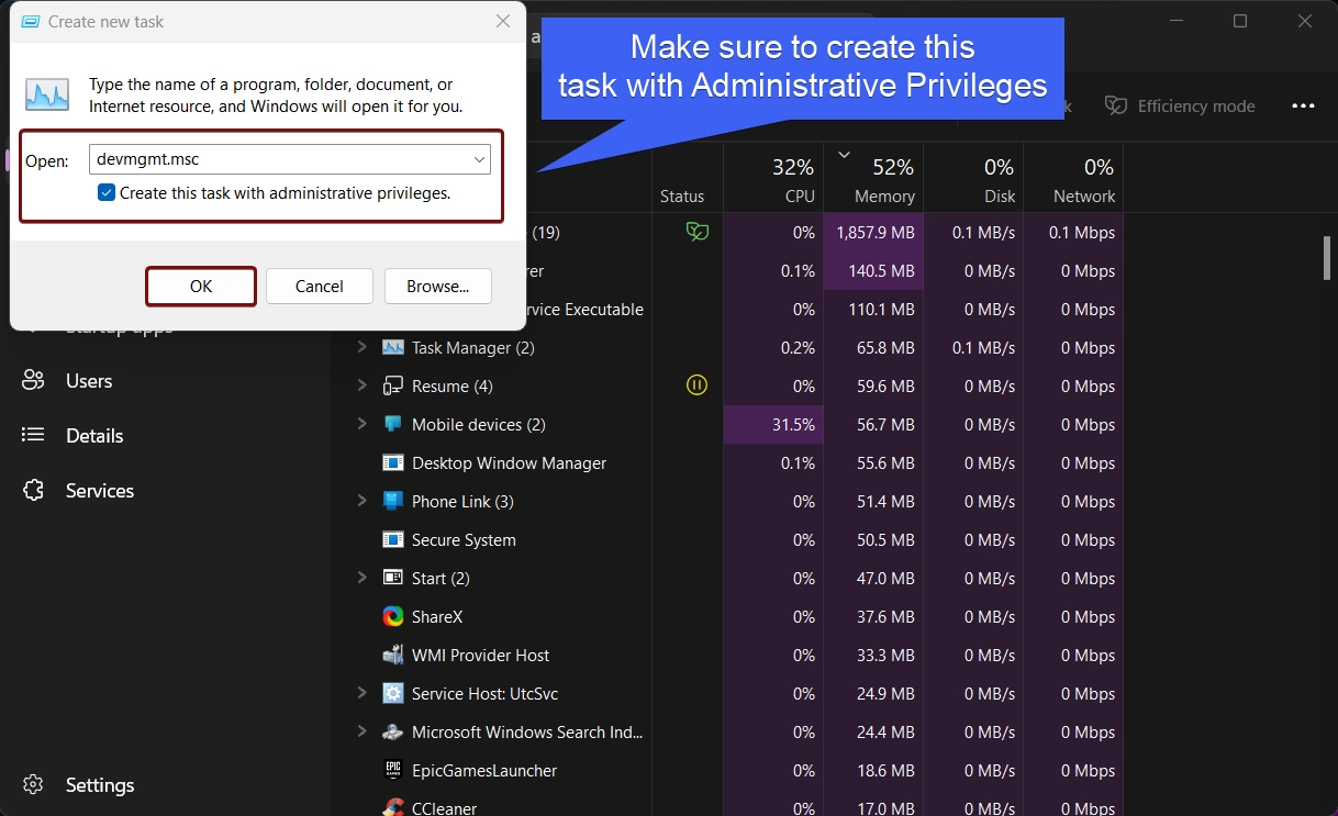 Create devmgmt.msc task with Administrative Privileges Create devmgmt.msc task with Administrative Privileges