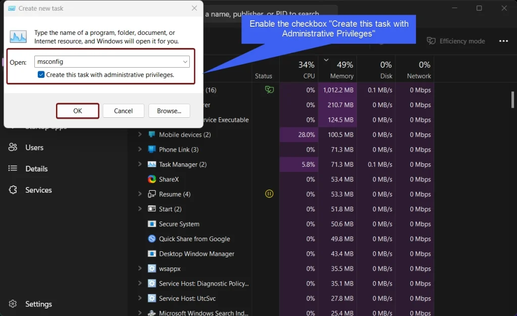Create msconfig task with Administrative Privileges Create msconfig task with Administrative Privileges