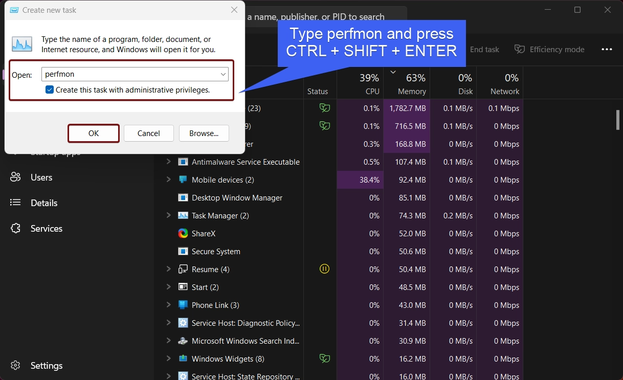 Create perfmon task with Administrative Privileges using the Task Manager Create perfmon task with Administrative Privileges using the Task Manager