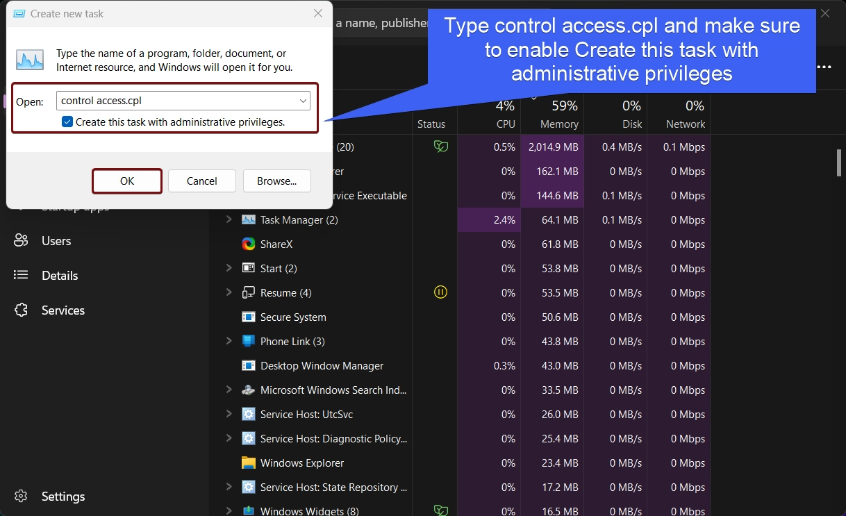 Enable Create control access.cpl task with Administrative Privileges Enable Create control access.cpl task with Administrative Privileges