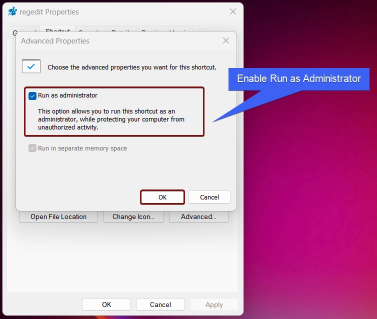 Enable Run as Administrator Checkbox Enable Run as Administrator Checkbox