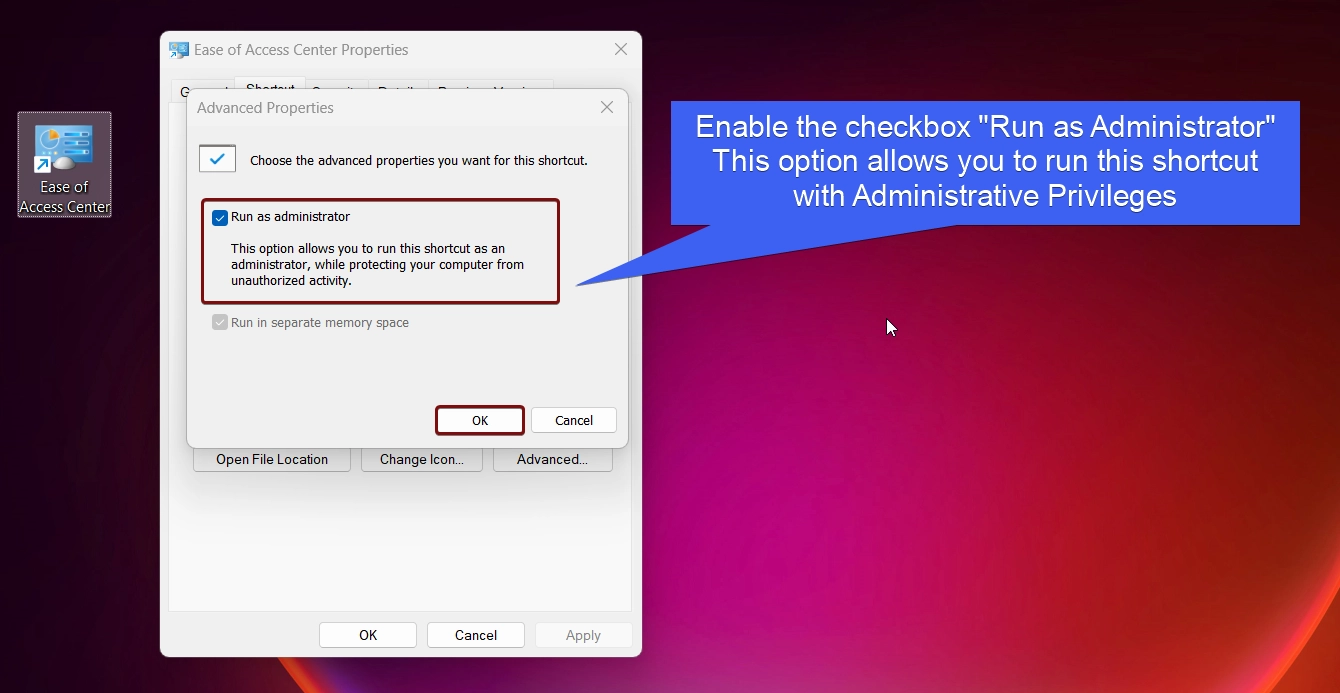 Enable Run as Administrator checkbox Enable Run as Administrator checkbox