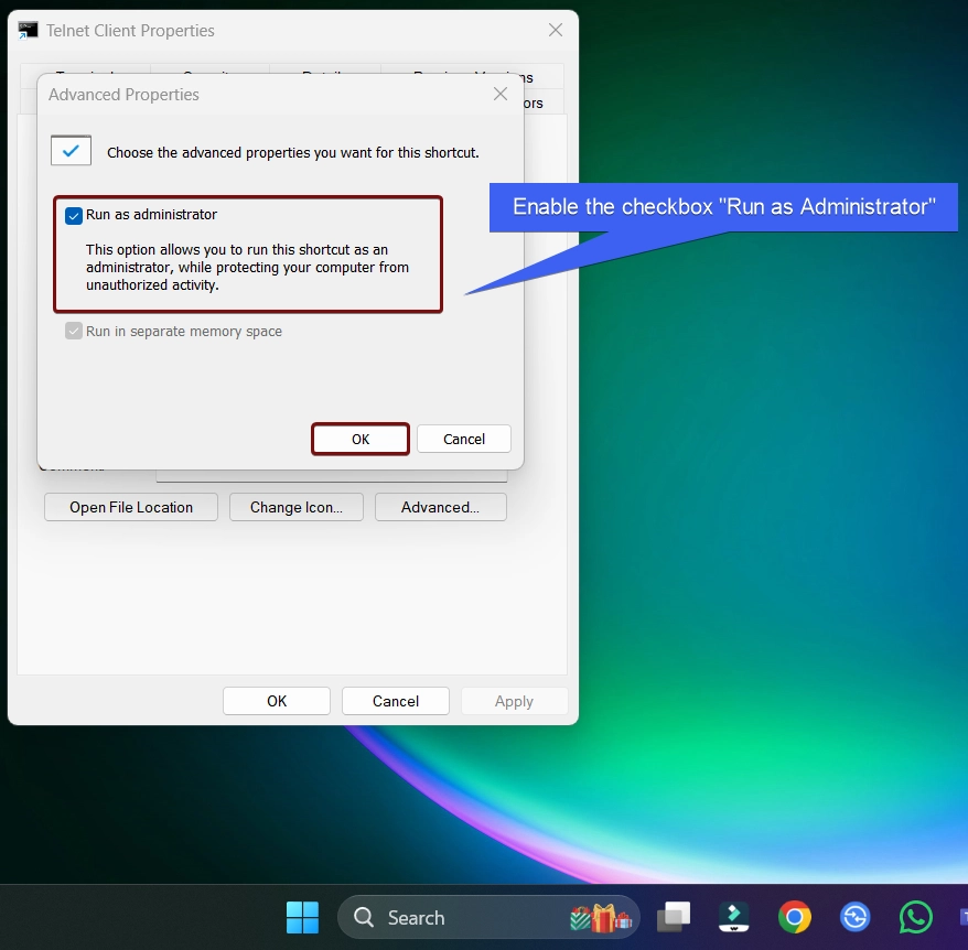 Enable the checkbox Run as Administrator Enable the checkbox Run as Administrator