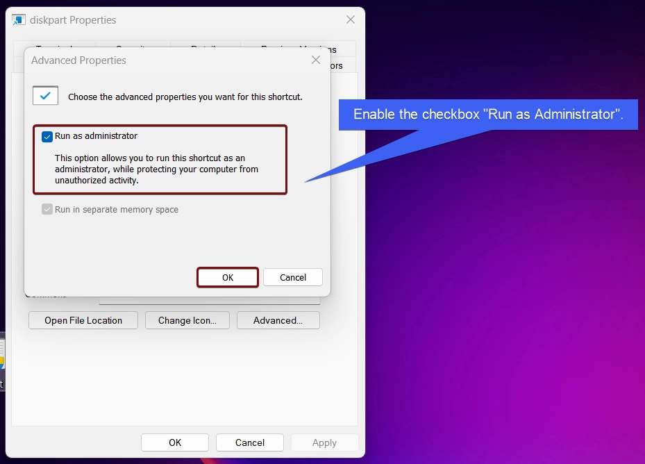 Enable the checkbox Run as Administrator Enable the checkbox Run as Administrator