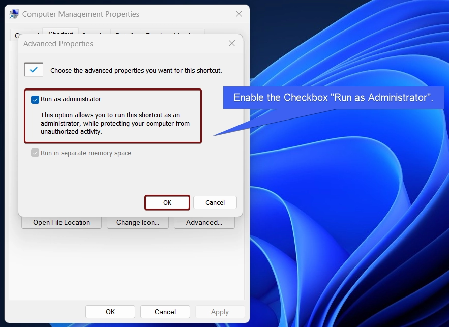 Enable the checkbox run as administrator Enable the checkbox run as administrator