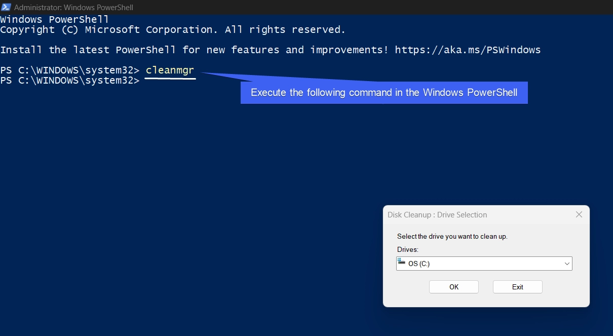 Execute the command cleanmgr in the Windows PowerShell Execute the command cleanmgr in the Windows PowerShell