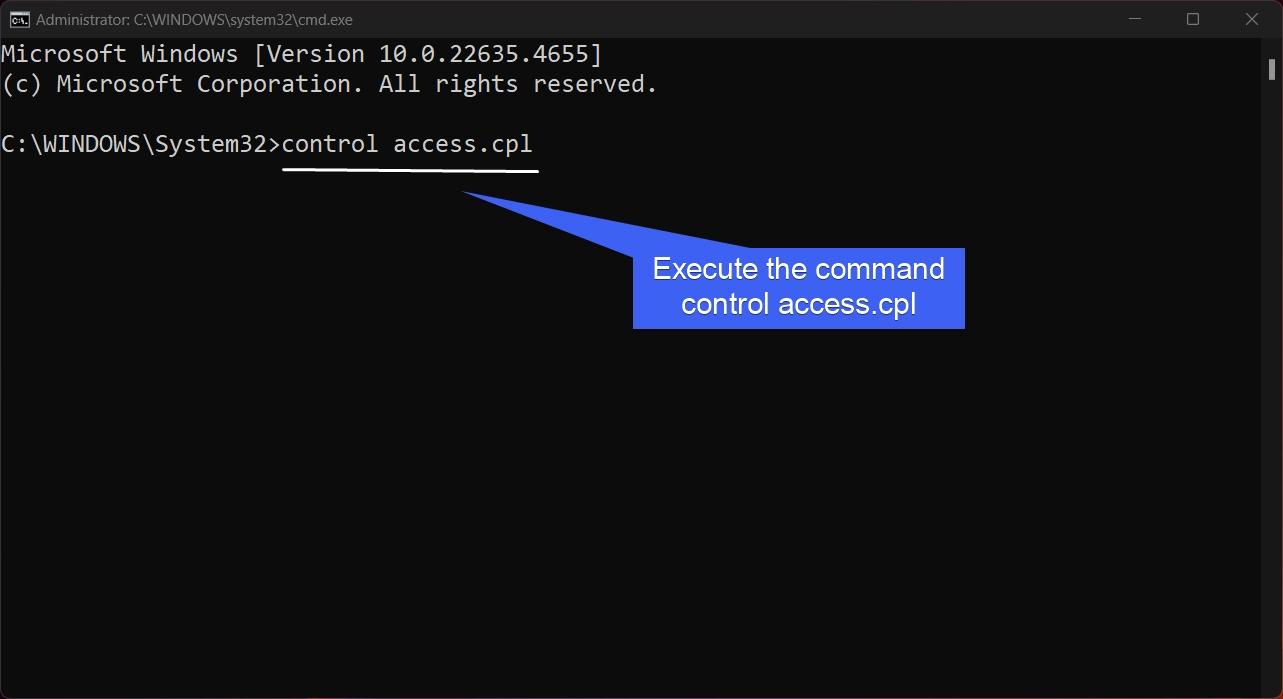 Execute the command control access.cpl Execute the command control access.cpl