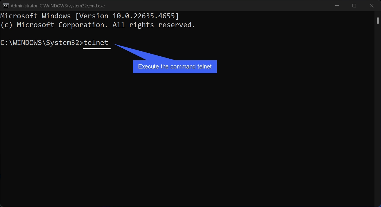 Execute the command telnet Execute the command telnet