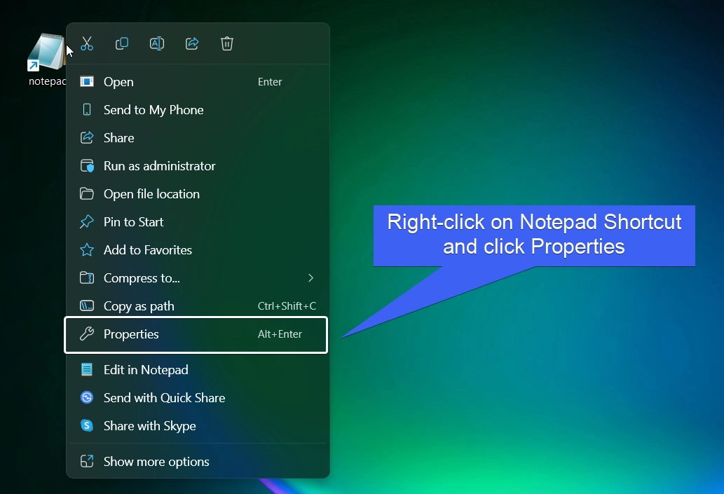 Notepad Shortcut Properties Notepad Shortcut Properties