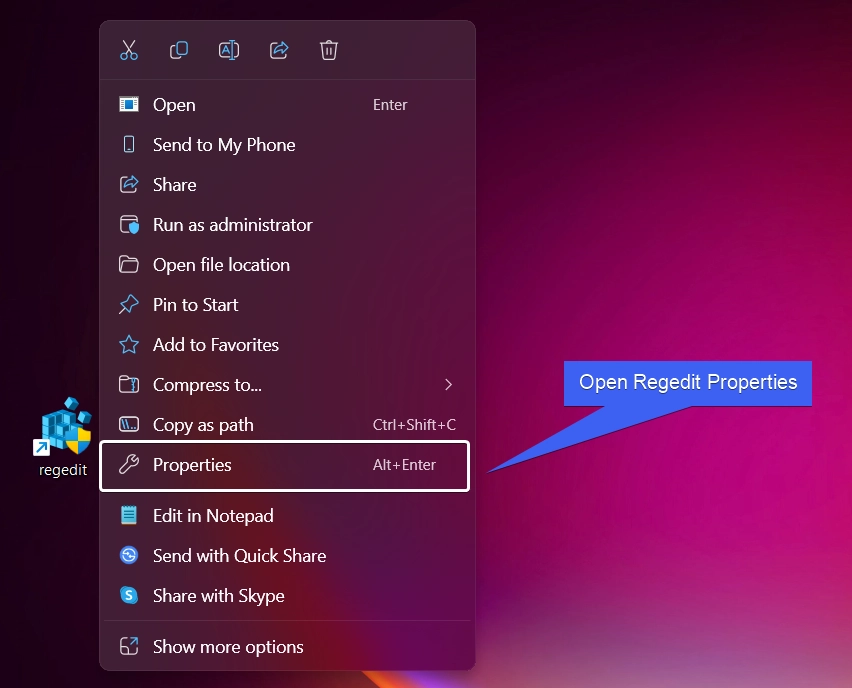 Open Regedit Properties Open Regedit Properties
