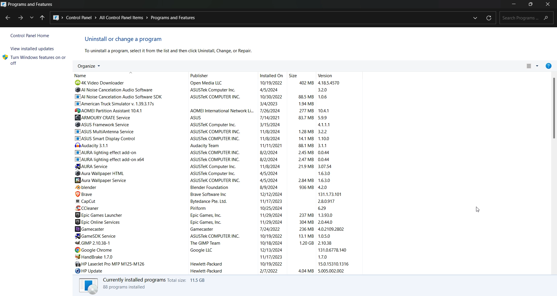Programs and Features running as Administrator Programs and Features running as Administrator
