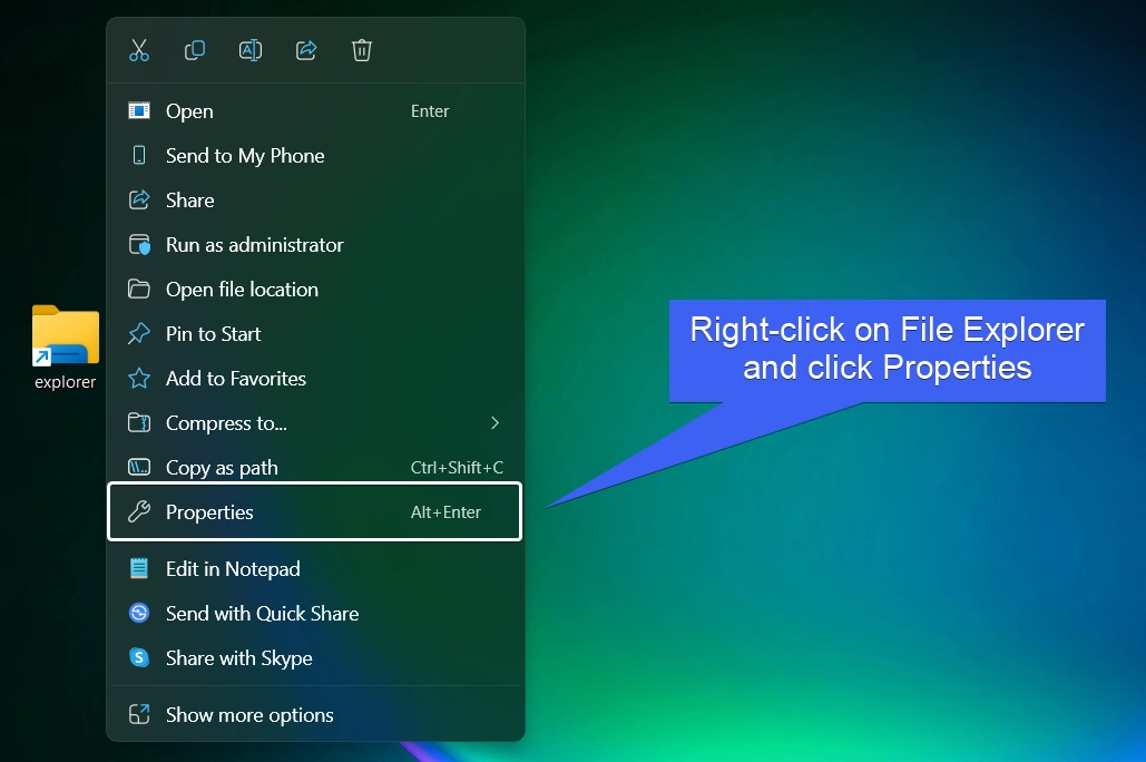Right-click on File Manager and Click Properties Right-click on File Manager and Click Properties