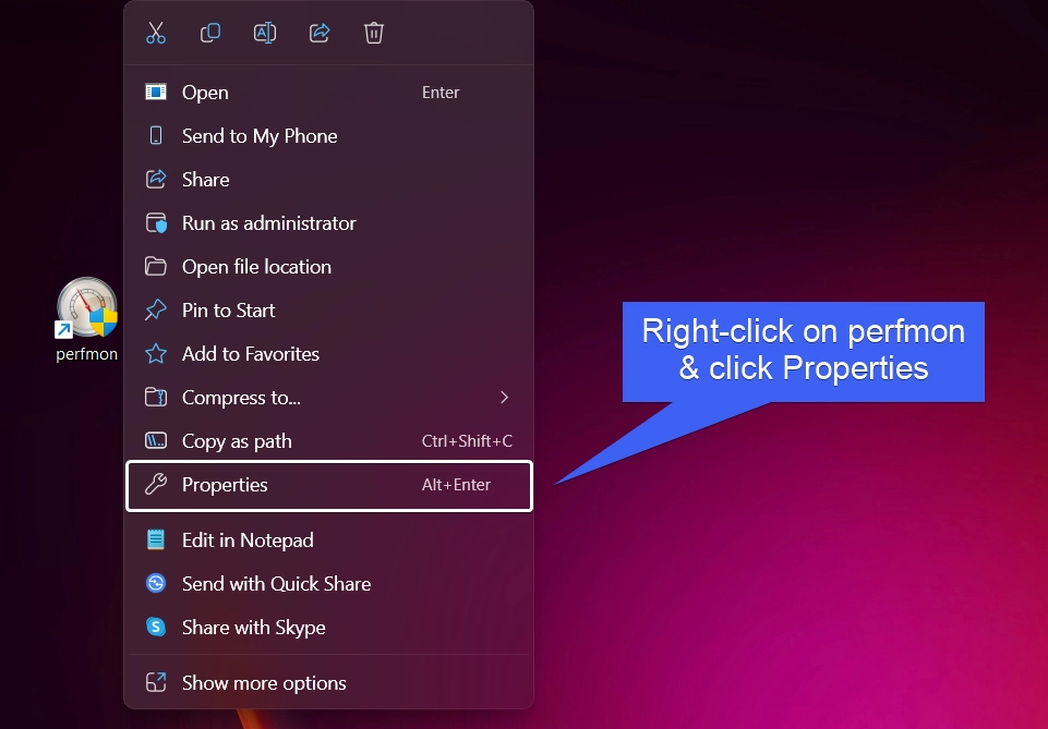 Right-click on perfmon and click Properties Right-click on perfmon and click Properties