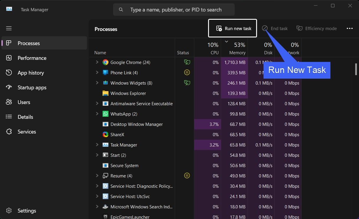 Run New Task Run New Task
