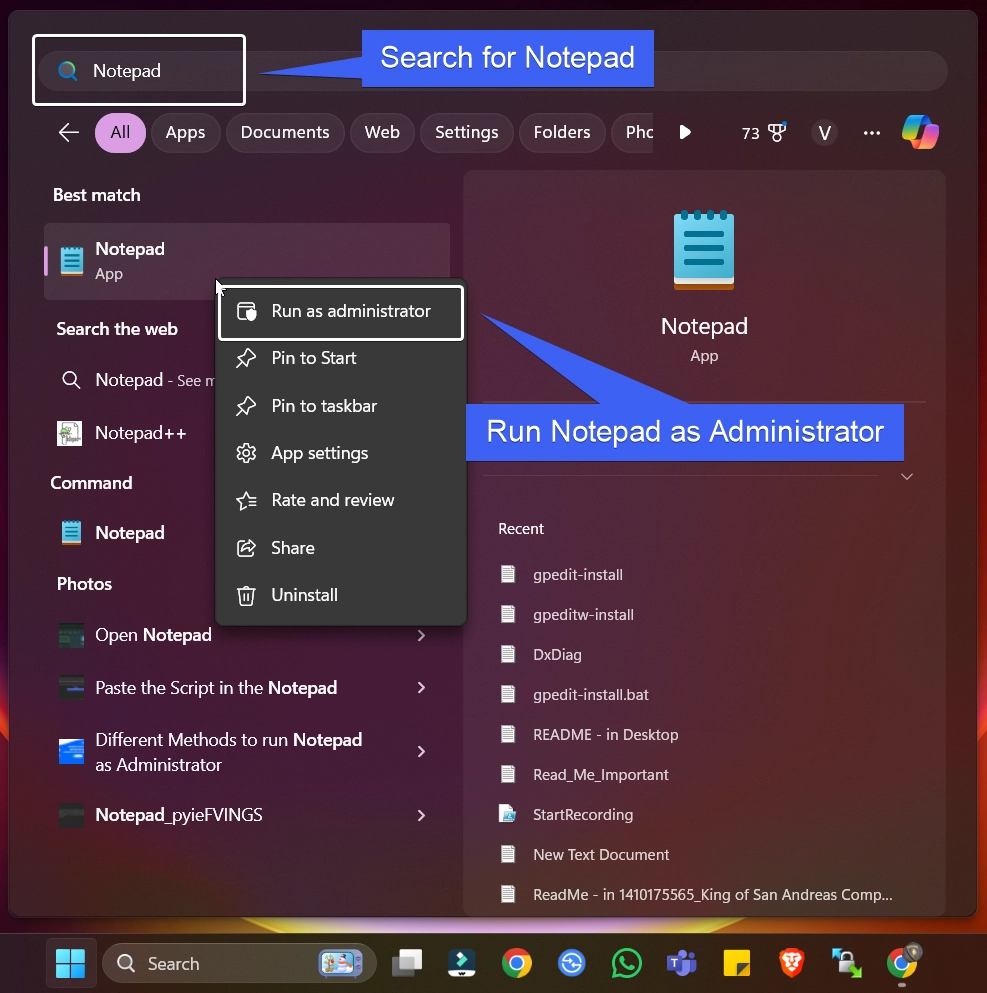 Run Notepad as Administrator Run Notepad as Administrator