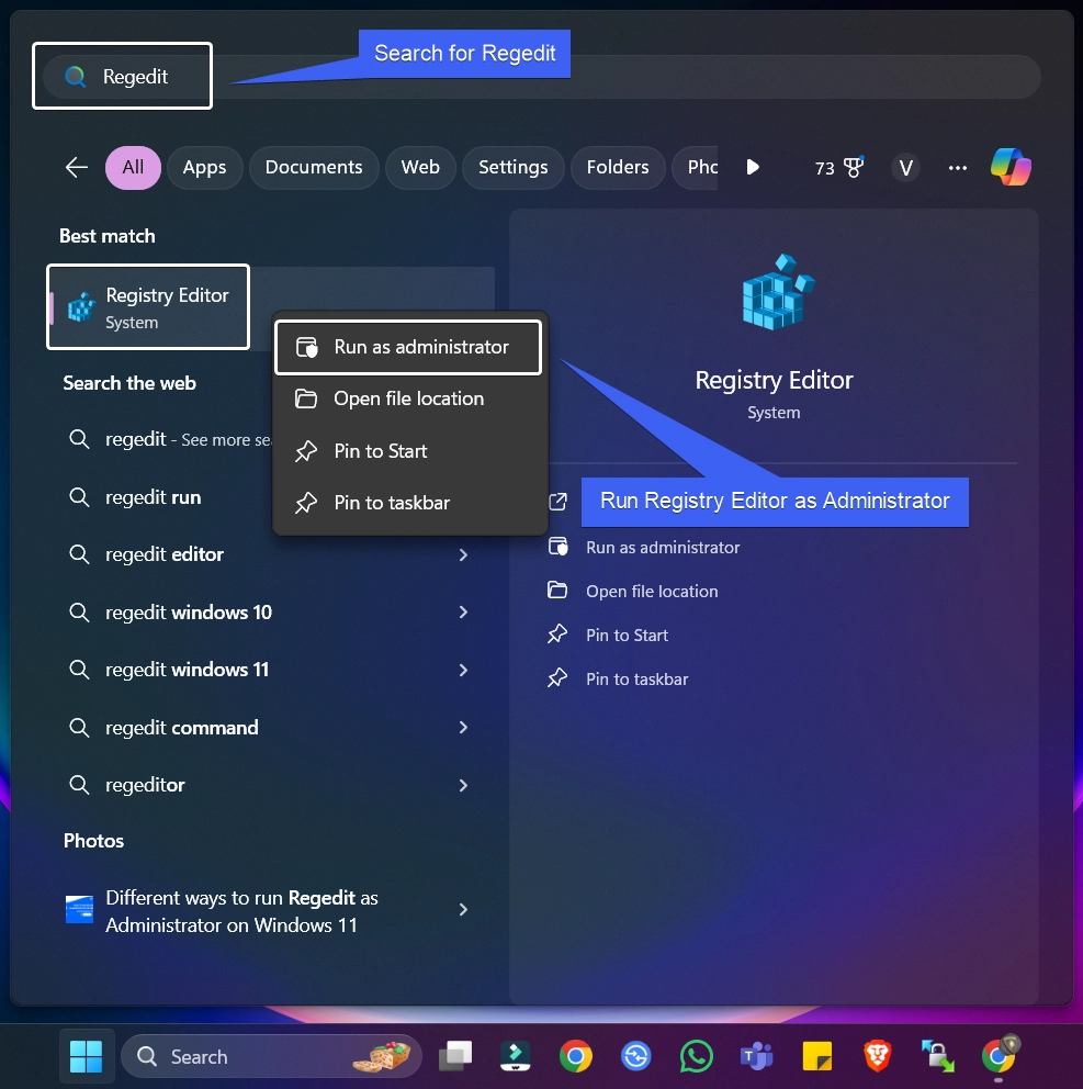 Run Regedit as Admin using the Start menu Run Regedit as Admin using the Start menu