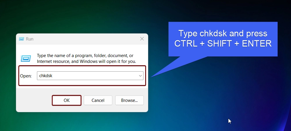 Run chkdsk as Administrator using the Run Command Run chkdsk as Administrator using the Run Command