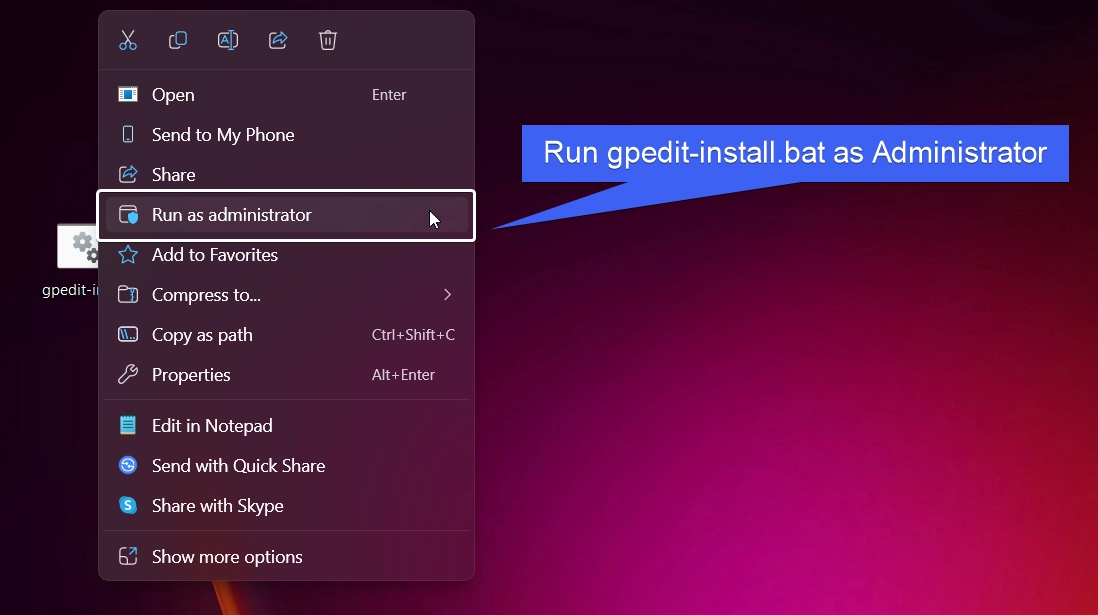 Run gpedit-install.bat as administrator Run gpedit-install.bat as administrator