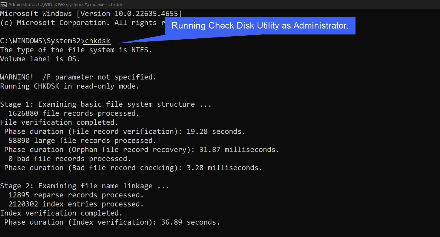 Running chkdsk as Administrator Running chkdsk as Administrator