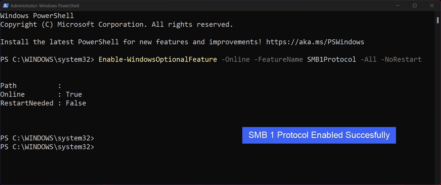 SMB Protocol Enabled Successfully SMB Protocol Enabled Successfully