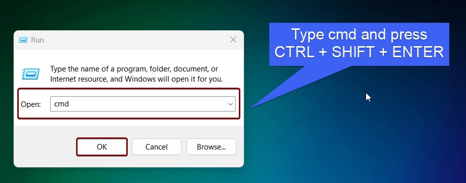 Type cmd and press CTRL + SHIFT + ENTER Type cmd and press CTRL + SHIFT + ENTER