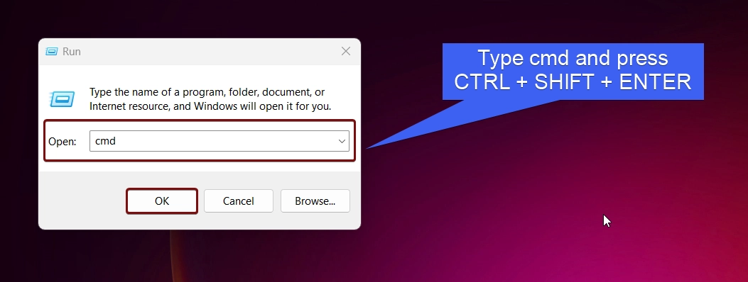 Type cmd and press ctrl + shift + enter Type cmd and press ctrl + shift + enter