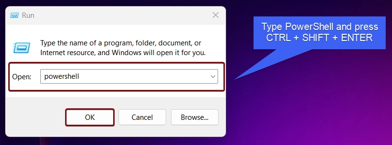 Type powershell and press Ctrl + Shift + Enter Type powershell and press Ctrl + Shift + Enter