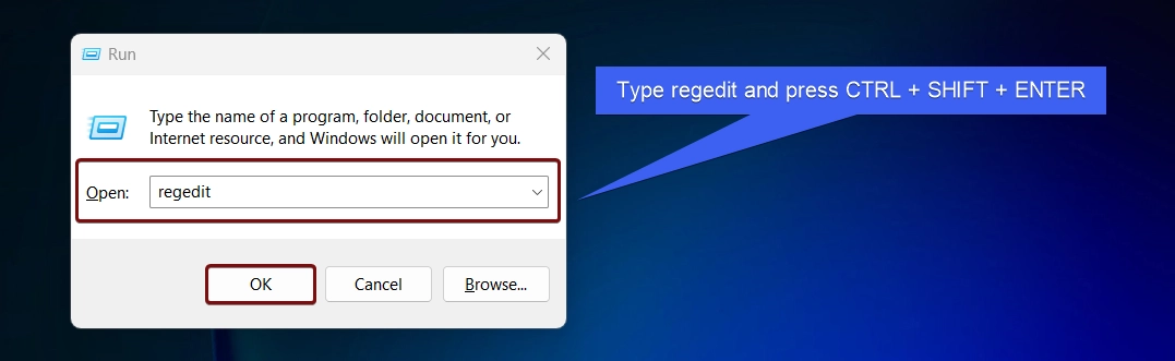 Type regedit and press Ctrl + Shift + Enter Type regedit and press Ctrl + Shift + Enter