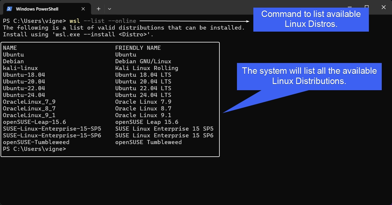 WSL listing all available Linux Distros WSL listing all available Linux Distros