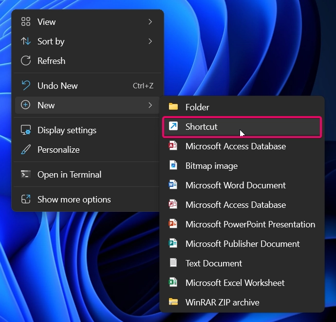 Choose New Shortcut Choose New Shortcut