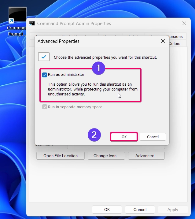 Check the Run as administrator option Check the Run as administrator option