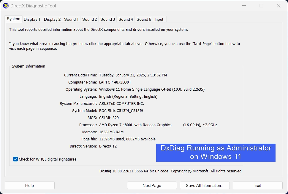 DxDiag Running as Administrator on Windows 11 DxDiag Running as Administrator on Windows 11