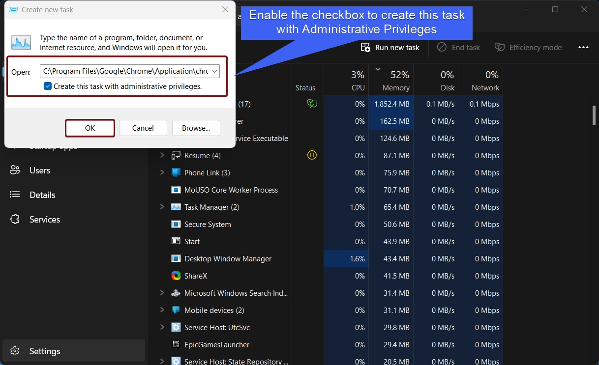 Enable the checkbox to create this task with Administrative Privileges Enable the checkbox to create this task with Administrative Privileges