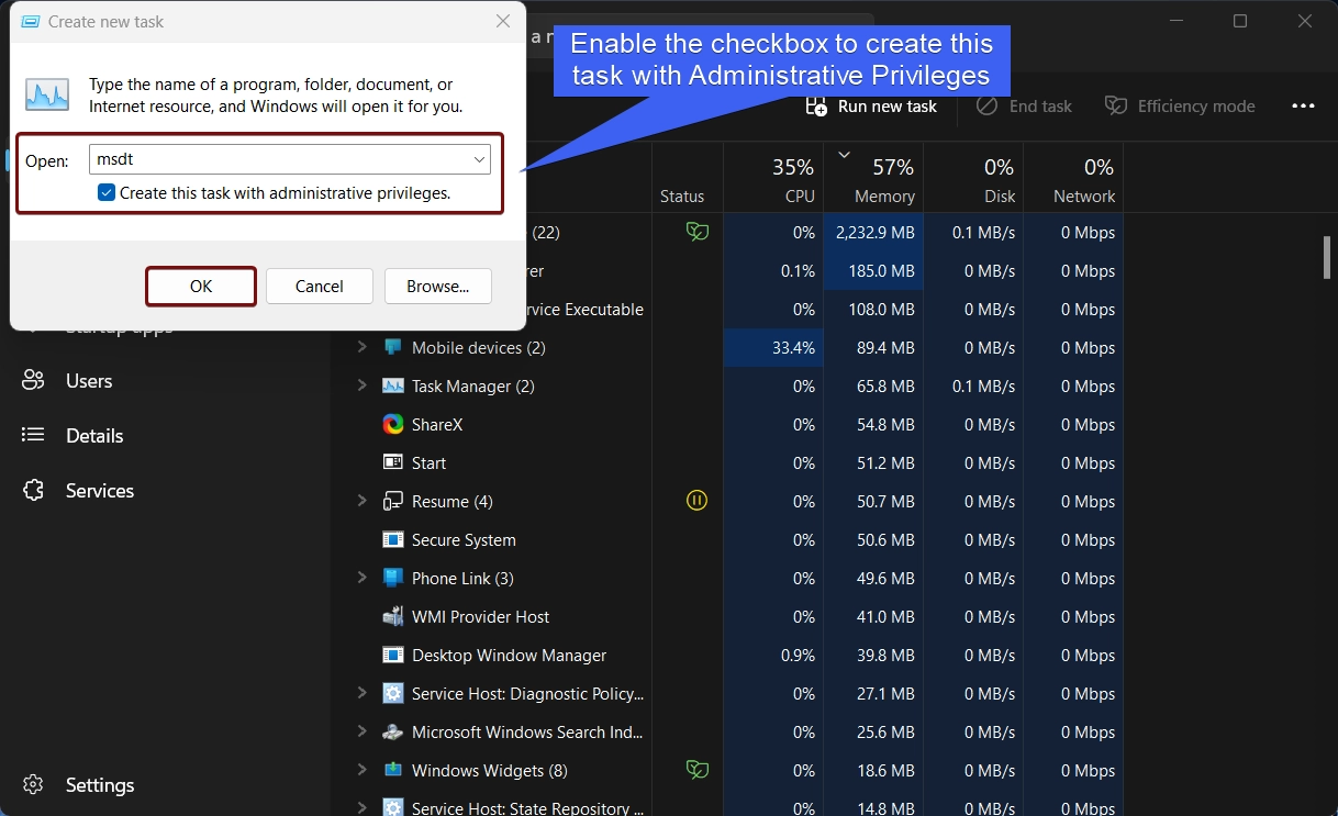 Enable the checkbox to create this task with administrative privileges Enable the checkbox to create this task with administrative privileges
