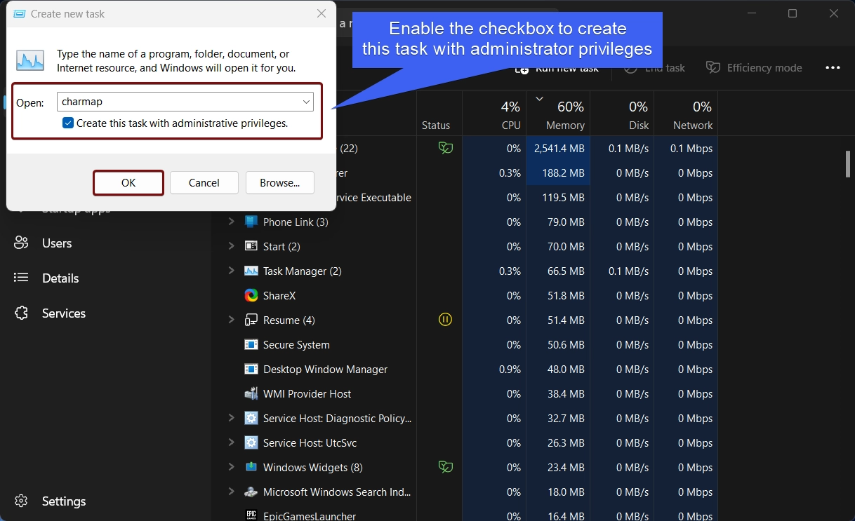 Enable the checkbox to create this task with administrative privileges Enable the checkbox to create this task with administrative privileges