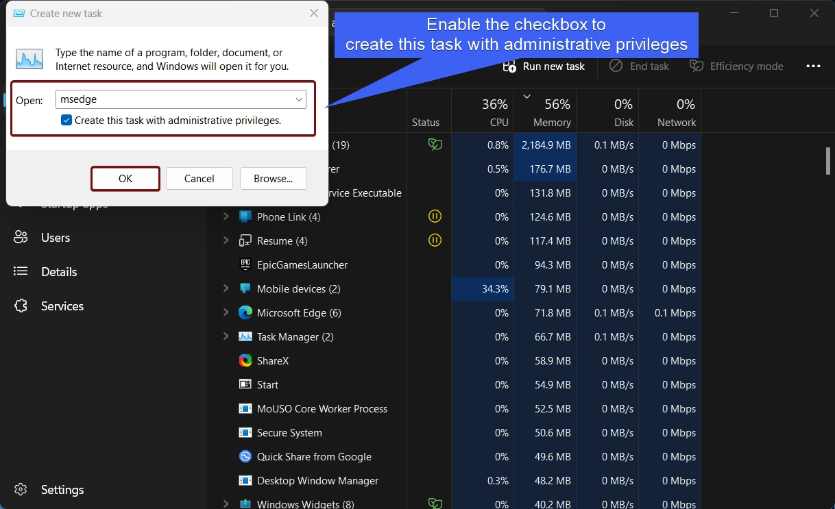Enable the checkbox to run this task with admin privileges Enable the checkbox to run this task with admin privileges