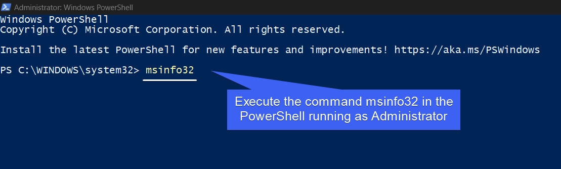 Execute the Command msinfo32 in the PowerShell Execute the Command msinfo32 in the PowerShell