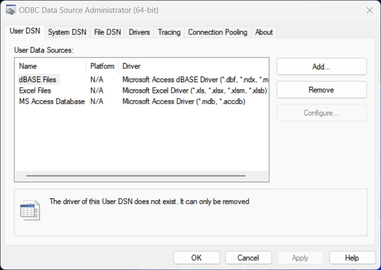ODBC Data Source Administrator running on Windows 11 ODBC Data Source Administrator running on Windows 11